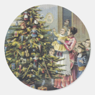 Oud Kerstmis, Victoriaans gezin rond de kerstboom Ronde Sticker