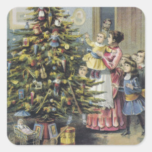 Oud Kerstmis, Victoriaans gezin rond de kerstboom Vierkante Sticker