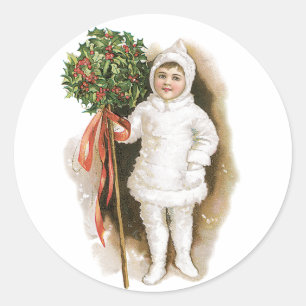 Oud Kerstmis, Victoriaans meisje met hulst Ronde Sticker