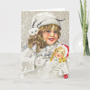 Oud Kerstmis Victoriaans meisje met pop in de snee Feestdagen Kaart