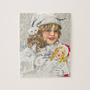 Oud Kerstmis Victoriaans meisje met pop in de snee Legpuzzel