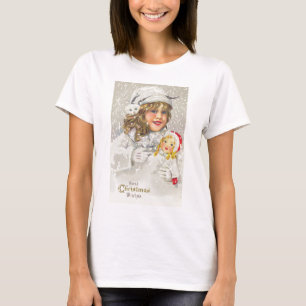 Oud Kerstmis Victoriaans meisje met pop in de snee T-shirt
