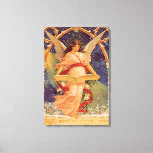 Oud Kerstmis, Victoriaanse engel leest Bijbel Canvas Afdruk