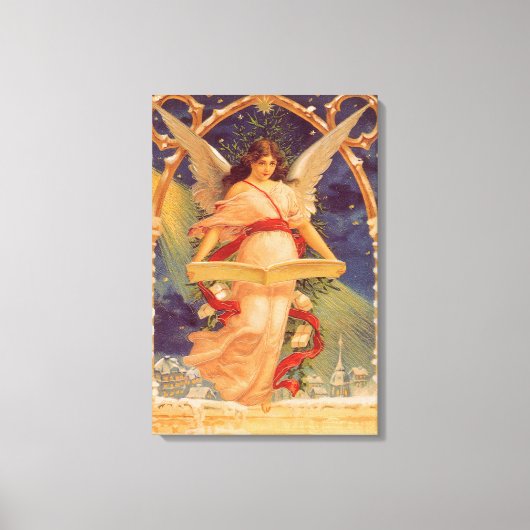 Oud Kerstmis, Victoriaanse engel leest Bijbel Canvas Afdruk (Voorkant)