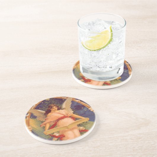 Oud Kerstmis, Victoriaanse engel leest Bijbel Zandsteen Onderzetter (Zijkant)