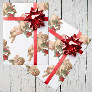 Oud Kerstmis, Victoriaanse engel met bloemenkrans Cadeaupapier
