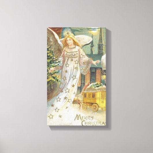 Oud Kerstmis, Victoriaanse engel met boom Canvas Afdruk (Voorkant)