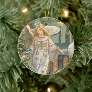 Oud Kerstmis, Victoriaanse engel met boom Keramisch Ornament