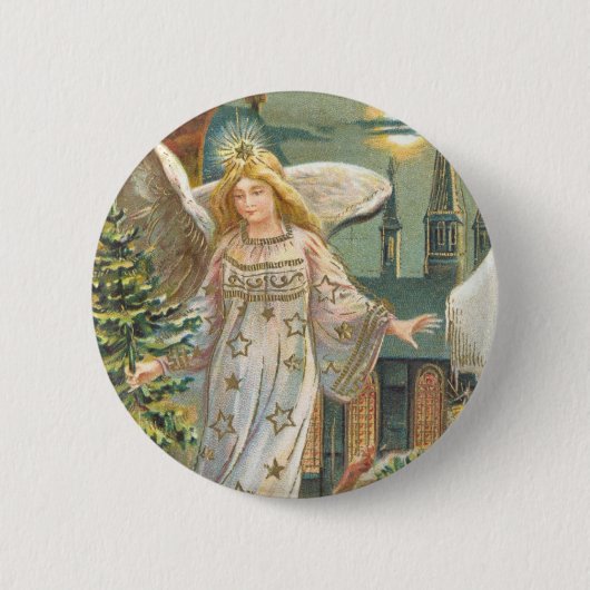 Oud Kerstmis, Victoriaanse engel met boom Ronde Button 5,7 Cm (Voorkant)