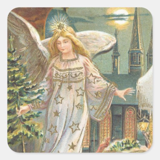 Oud Kerstmis, Victoriaanse Engel met Boom Vierkante Sticker (Voorkant)
