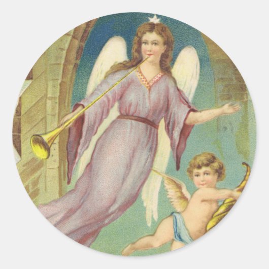 Oud Kerstmis, Victoriaanse engel met cherubijn Ronde Sticker (Voorkant)