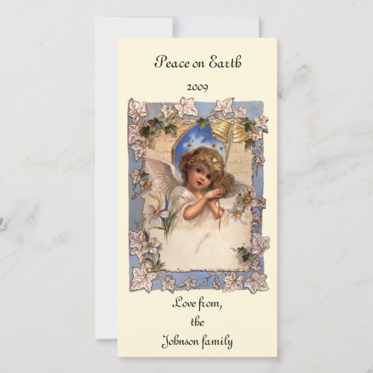 Oud Kerstmis, Victoriaanse engel met gouden bellen Feestdagenkaart (Voorkant)