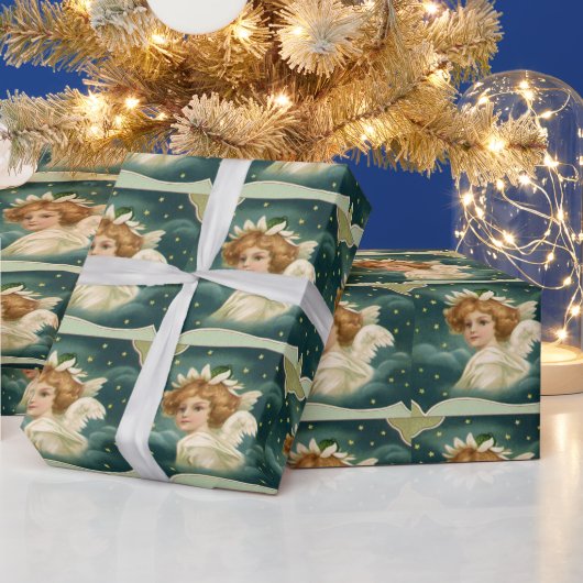 Oud Kerstmis, Victoriaanse engel met gouden sterre Cadeaupapier (Feestdagen)