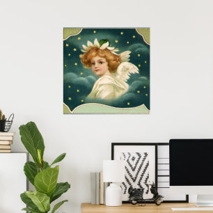 Oud Kerstmis, Victoriaanse engel met gouden sterre Poster