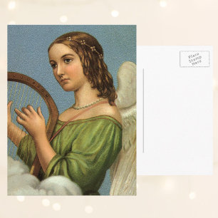 Oud Kerstmis, Victoriaanse engel met muziekharp Feestdagenkaart