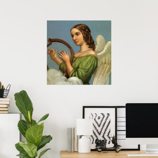Oud Kerstmis, Victoriaanse engel met muziekharp Poster (Thuiskantoor)