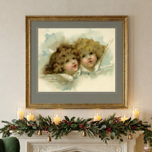 Oud Kerstmis, Victoriaanse engelen in de wolken Poster