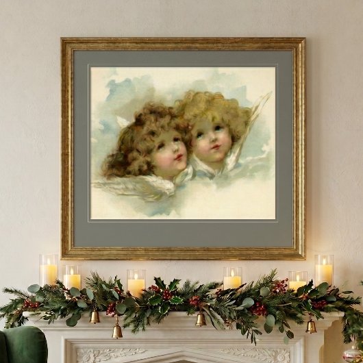 Oud Kerstmis, Victoriaanse engelen in de wolken Poster
