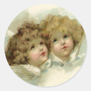 Oud Kerstmis, Victoriaanse engelen in de wolken Ronde Sticker