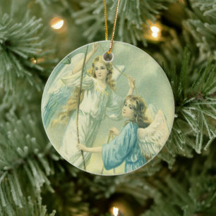Oud Kerstmis, Victoriaanse engelen met een bel Keramisch Ornament