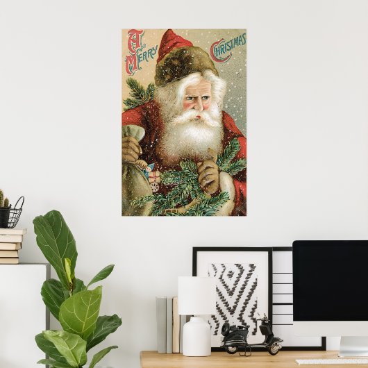Oud Kerstmis, Victoriaanse Kerstman met dennenboom Poster (Thuiskantoor)