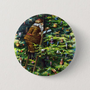 Oud Kerstmis, Victoriaanse Kerstman met Kerstboom Ronde Button 5,7 Cm