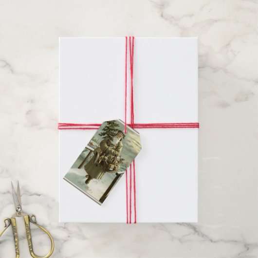 Oud Kerstmis, Victoriaanse Kerstman met Speelgoed Cadeaulabel (Met Touw)