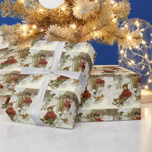 Oud Kerstmis, Victoriaanse kinderen sleeën hond Cadeaupapier