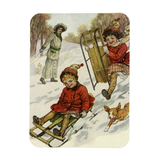 Oud Kerstmis, Victoriaanse kinderen sleeën hond Magneet (Verticaal)