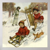 Oud Kerstmis, Victoriaanse kinderen sleeën hond Poster (Voorkant)