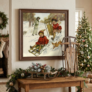 Oud Kerstmis, Victoriaanse kinderen sleeën hond Poster