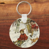 Oud Kerstmis, Victoriaanse kinderen sleeën hond Sleutelhanger (Voorkant)