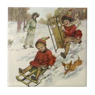 Oud Kerstmis, Victoriaanse kinderen sleeën hond Tegeltje