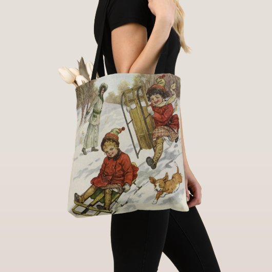 Oud Kerstmis, Victoriaanse kinderen sleeën hond Tote Bag (Dichtbij)