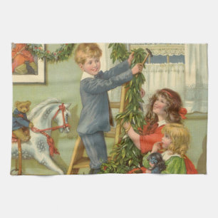 Oud Kerstmis, Victoriaanse kinderen versieren Theedoek