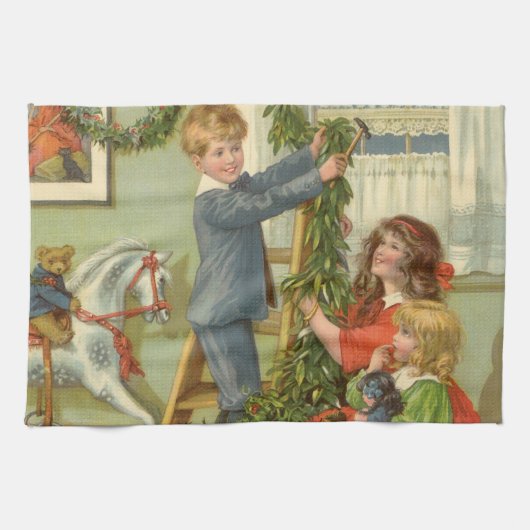 Oud Kerstmis, Victoriaanse kinderen versieren Theedoek (Horizontaal)