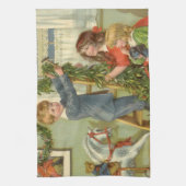 Oud Kerstmis, Victoriaanse kinderen versieren Theedoek (Verticaal)
