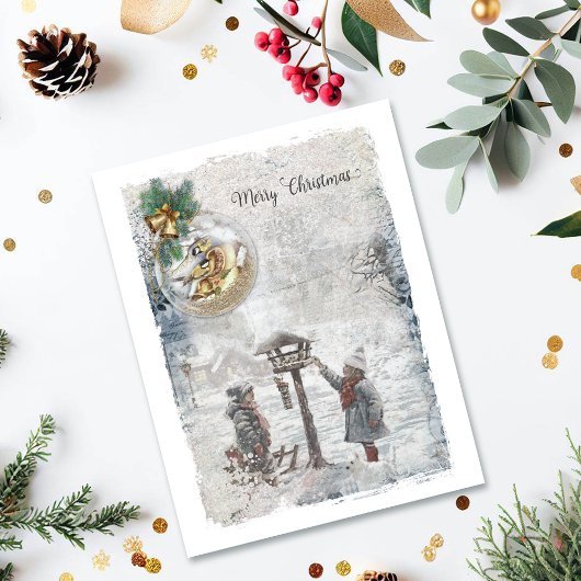 Oud Kerstmis Vogels & Ornament Feestdagenkaart