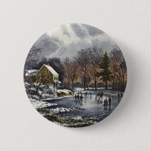 Oud Kerstmis, Vroege Winter Schaatsers op Vijver Ronde Button 5,7 Cm