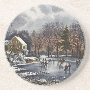 Oud Kerstmis, Vroege Winter Schaatsers op Vijver Zandsteen Onderzetter
