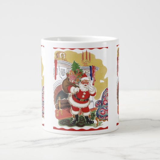 Oud Kerstmis, vrolijke Kerstman met cadeaus Grote Koffiekop (Voorkant)