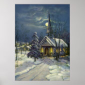 Oud Kerstmis, Winterkerk in de Sneeuw met Maan Poster (Voorkant)