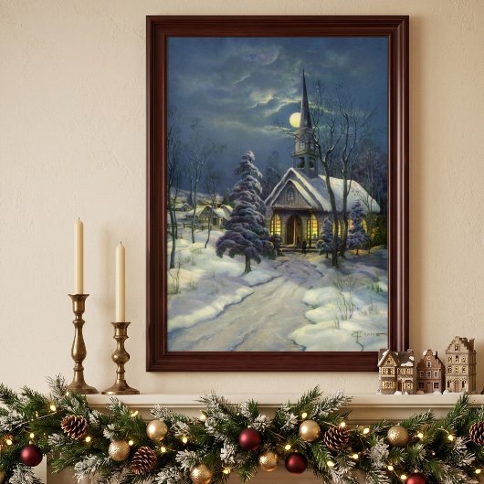 Oud Kerstmis, Winterkerk in de Sneeuw met Maan Poster