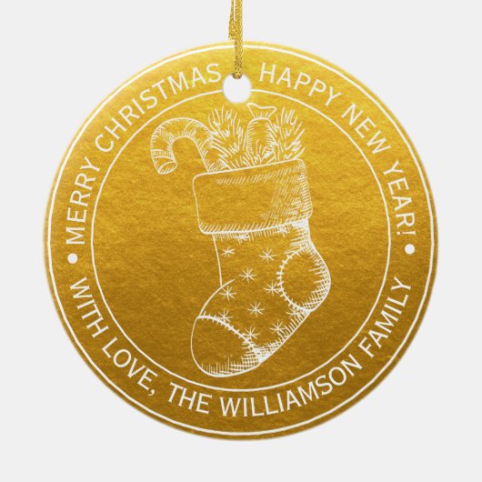 Oud Kerstmuts Wensen voor de Feestdagen Goud Keramisch Ornament (Achterkant)