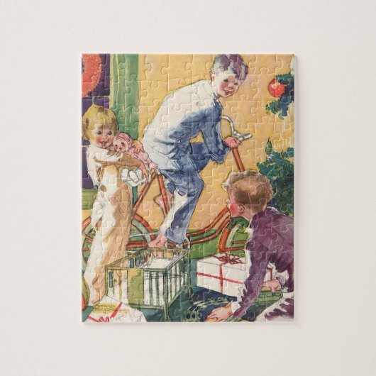 Oud kerstochtend, kinderen met cadeaus legpuzzel (Verticaal)