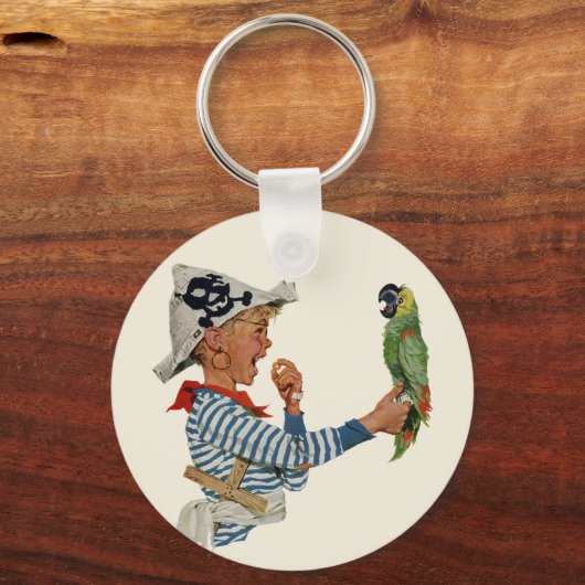 Oud kind, piraat spelend jongetje met papegaai sleutelhanger (Achterkant)