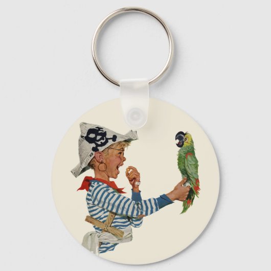 Oud kind, piraat spelend jongetje met papegaai sleutelhanger (Achterkant)