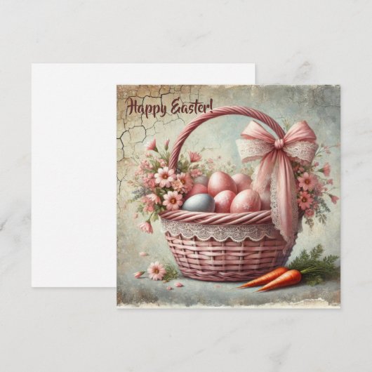Oud landelijk linten mandje met pastel eieren feestdagenkaart (Voorkant / Achterkant)