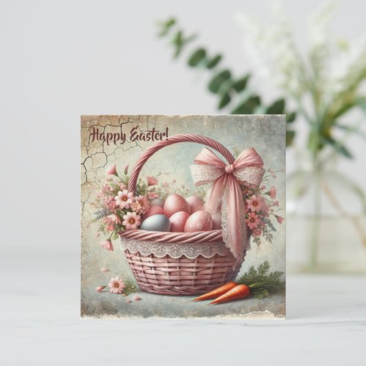 Oud landelijk linten mandje met pastel eieren feestdagenkaart (Staand voorkant)