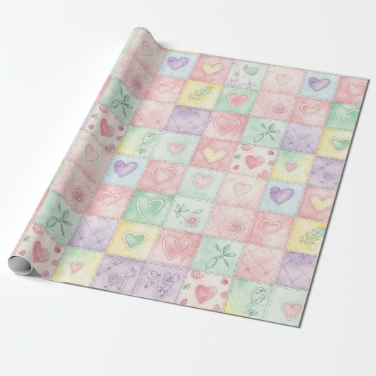 Oud Landhuis Bloemige Patchwork Gingham Pastel Cadeaupapier (Uitgerold)